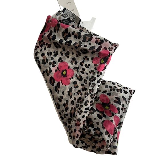 Helene Berman Leopard Print Scarf w/ Floral Details, Brown, Black, Pink, NWT!! - Picture 1 of 3